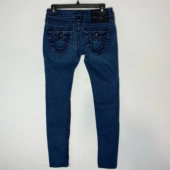 Vintage Y2K True Religion Distressed Dark Wash Ultra Low Rise Skinny Jeans 26 - Picture 2 of 16